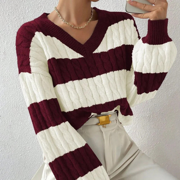 Red Violet Casual Women's Two Tone Cable Knit Drop Shoulder Sweater - Picture 4 of 6